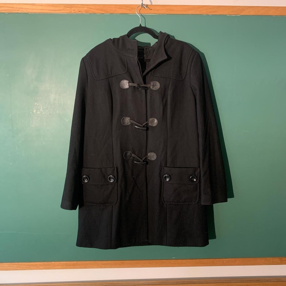 Style & Co Black Hooded Duffle Coat Wool Blend Toggle Button Front XL